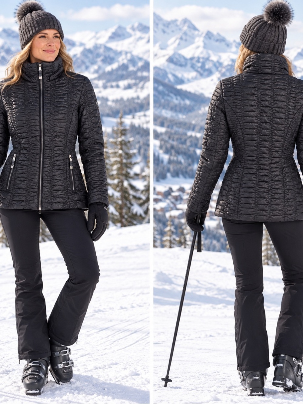 MeCo Black Ruched Quilted Women’s Ski Coat SZ XXS